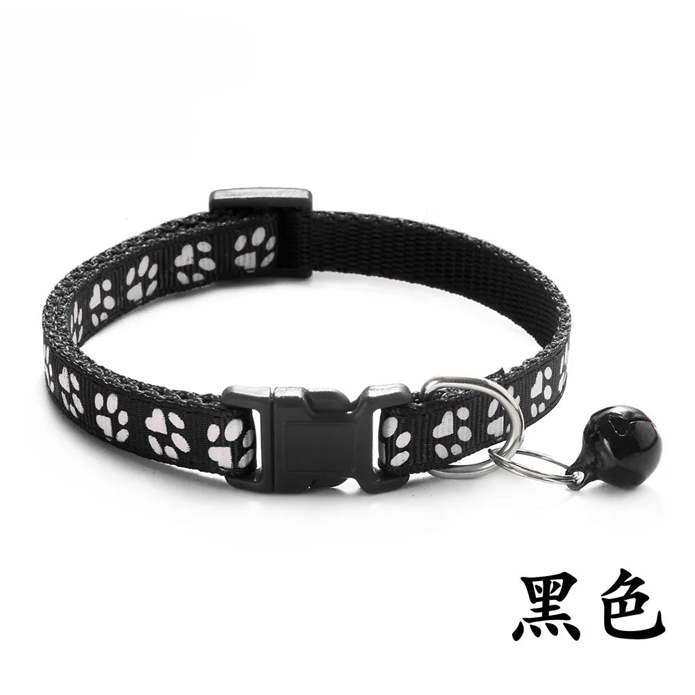 Adjustable Paw Print Cat Collar with Bell