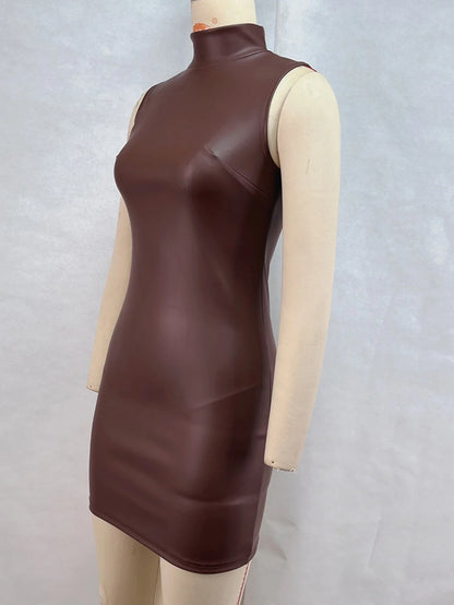 Sexy Brown PU Leather Mini Dress