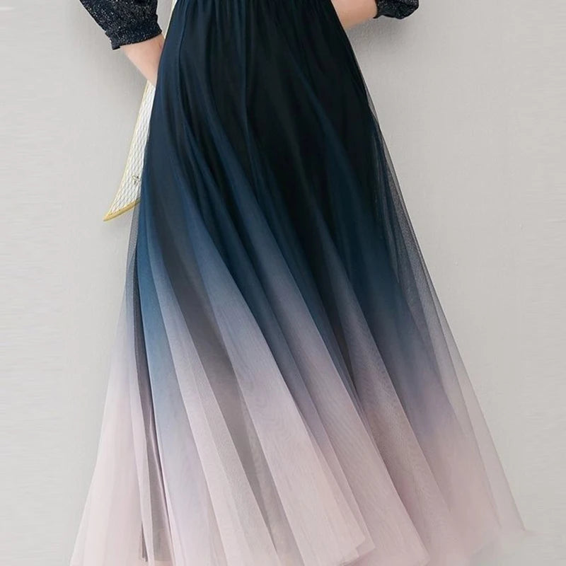 MEXZT Elegant Gradient Tulle Midi Skirt