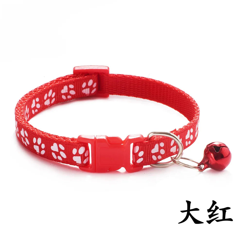 Adjustable Paw Print Cat Collar with Bell