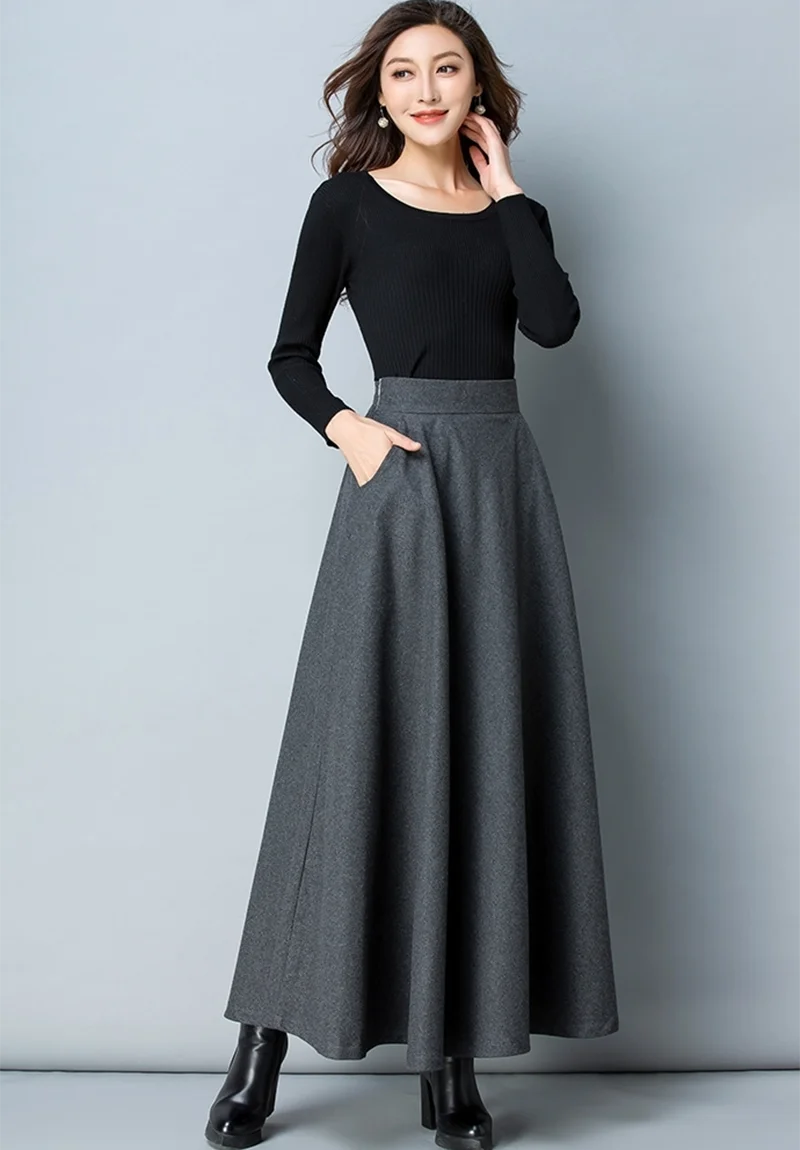 Elegant Winter Wool A-Line Maxi Skirt