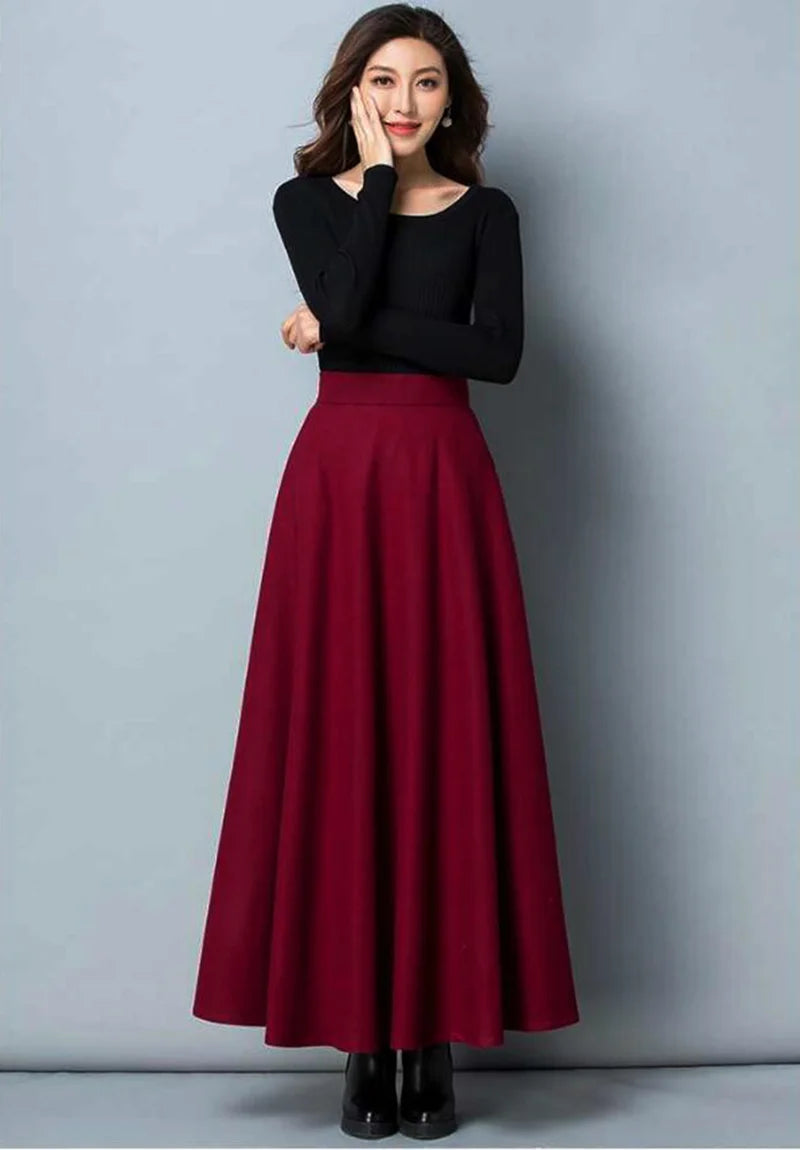 Elegant Winter Wool A-Line Maxi Skirt