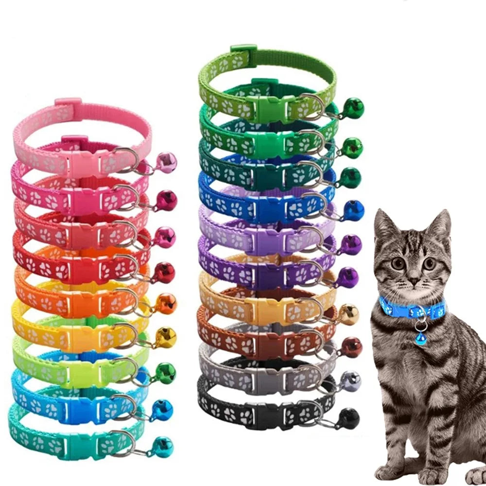 Adjustable Paw Print Cat Collar with Bell