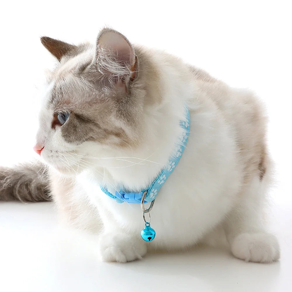 Adjustable Paw Print Cat Collar with Bell